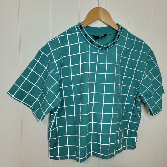 ME. Melody Ehsani Size XS Teal Blue Gray Reflective Striped Checkered Shirt - Picture 3 of 9